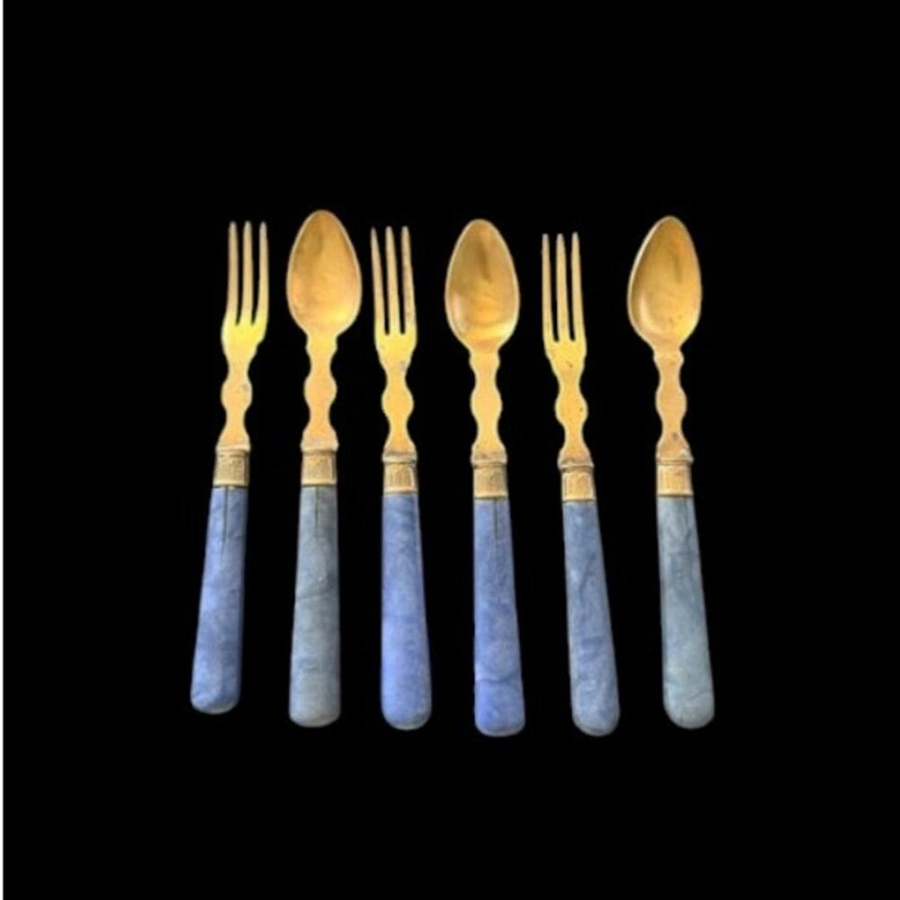 Vintage French Dessert Flatware Set Blue Marbled Handles Set of 6